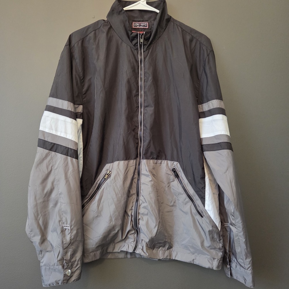 LON NYC Across The Pond Men's L Jacket Black White Gray Windbreaker Full Zip EUC